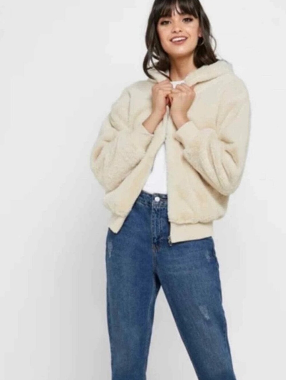Topshop Faux Fur Cream Beige Hooded Full Zip Jacket